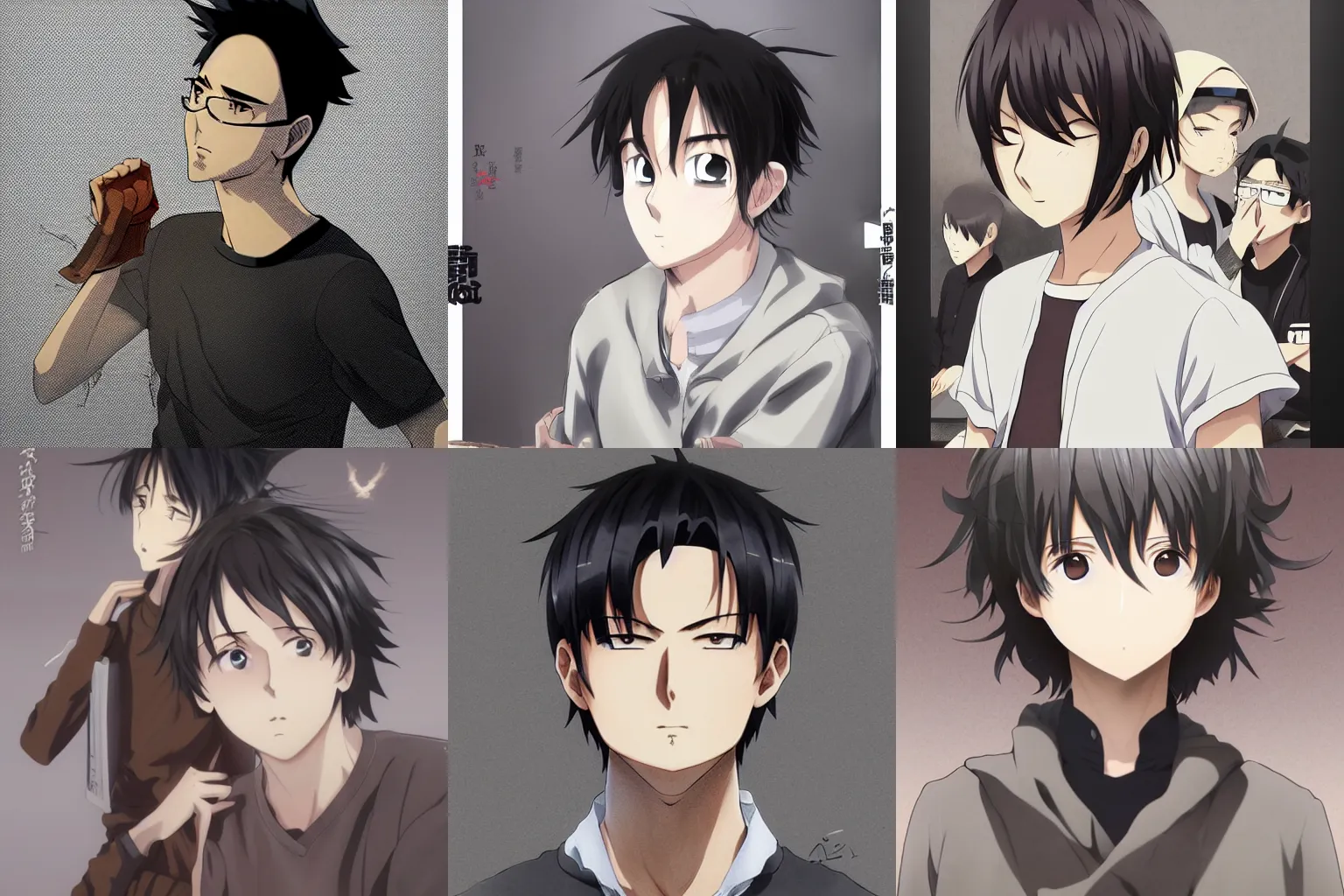 Prompt: An anime portrait of a mid-sized anime man with very short black hair, brown eyes, short light grey whiskers, no glasses, wearing a t-shirt, his whole heat fits in the frame, by Stanley Artgerm Lau, WLOP, Rossdraws, James Jean, Andrei Riabovitchev, Marc Simonetti, and Sakimi chan, trending on artstation