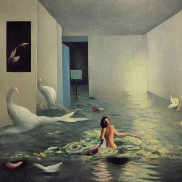 Image similar to tall female emo vegan socialist artist in their flooded apartment, painting of flood waters inside an artist's home, a river flooding indoors, pomegranates, pigs, ikebana, zen, water, octopus, river, rapids, waterfall, black swans, canoe, berries, acrylic on canvas, surrealist, by magritte and monet