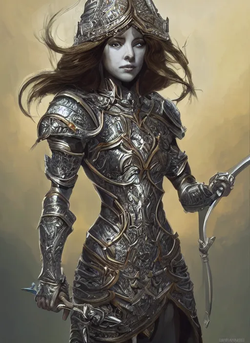 Image similar to a highly detailed character portrait of a radiant female paladin, ornate gothic armor, intricate, digital painting, artstation, intricate, concept art, smooth, sharp focus, illustration, art by Mandy Jurgens