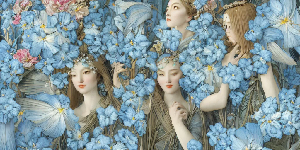 Image similar to breathtaking detailed concept art painting art deco pattern of blonde faces goddesses amalmation light - blue flowers with anxious piercing eyes and blend of flowers and birds, by hsiao - ron cheng and john james audubon, bizarre compositions, exquisite detail, extremely moody lighting, 8 k