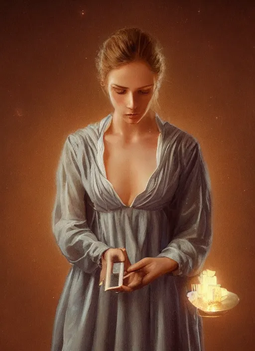 Prompt: upper body portrait of a beautiful maiden in a victorian nightgown holding a futuristic tablet, award winning, masterpiece digital painting by greg rutkowski, alex grey, artstation, 4 k wallpaper,