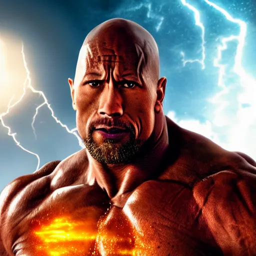 Prompt: photorealistic full shot protrait of Dwayne Johnson as a warrior style goku super saiyan with aura at moonlight, apocalyptic background, snowing, lightning bolt, high detail, unreal engine 4k volumetric light, fog,