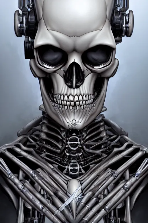 Image similar to a portrait of a cyborg skeleton by Mark Brooks, highly detailed, trending on artstation