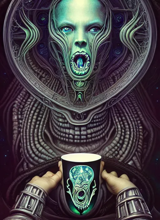 Image similar to cosmic lovecraft giger fractal cups portrait, pixar style, by tristan eaton stanley artgerm and tom bagshaw.