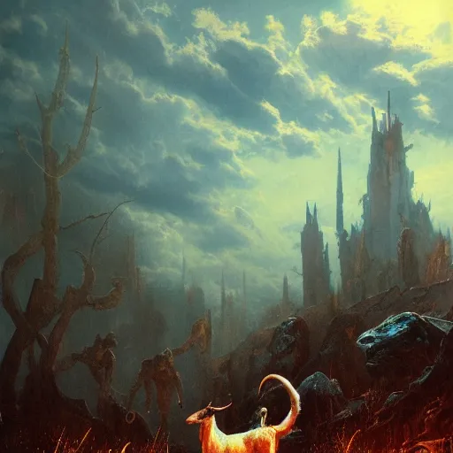 Image similar to goat in the painted world of resident evil and bruce pennington, head and shoulders masterpiece, apocalypse, golden hour, cosmic horror, artstation, in the style of goya and bosch, extremely detailed