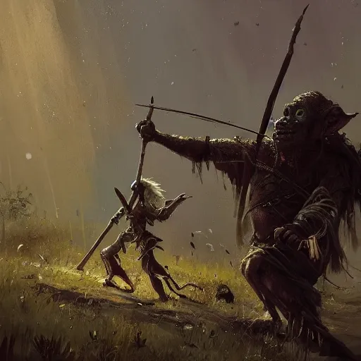 Image similar to the elder goblin wearing chainmail whilst twirling a spear interior of an orc encampment greg rutkowski ismail inceoglu ishbel myerscough