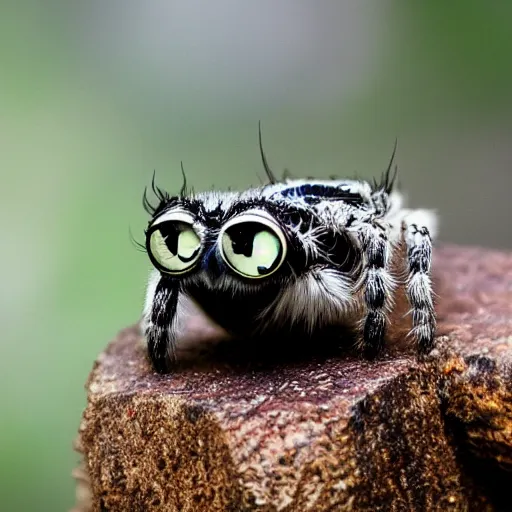 Image similar to jumping spider mixed with owl, cute creature, hybrid, anamorphic lens, bokeh, kodak color film stock, macro shot