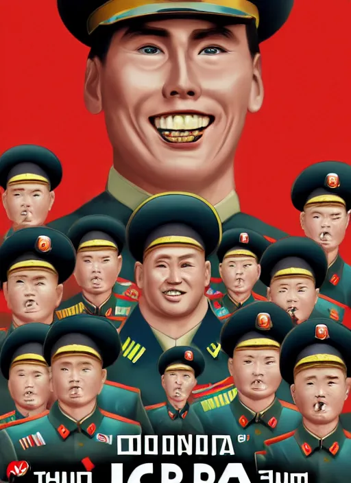 Prompt: propaganda poster smiling jerma as dictator of north korea with soldiers saluting, 8 k, trending on artstation