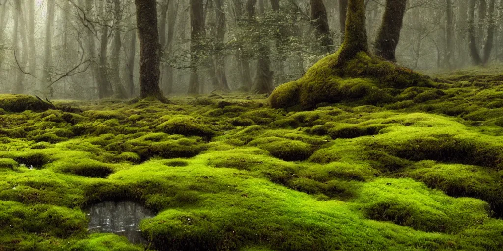 Image similar to gorgeous fields of moss landscape with glistening water in the background, landscape, beautiful, intricate details, highly detailed, sharp focus, concept art, digital painting, trending on artstation, still, screenshot, photo, photograph