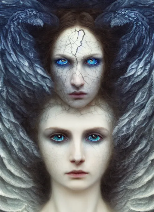 Image similar to Her huge ominous glowing blue eyes staring into my soul , perfect eyes, soft pale white skin, intricate stunning highly detailed, agostino arrivabene, WLOP, twisted dark lucid dream, 8k portrait render, raven wings, swirling thick smoke , beautiful lighting, dark fantasy art, cgsociety