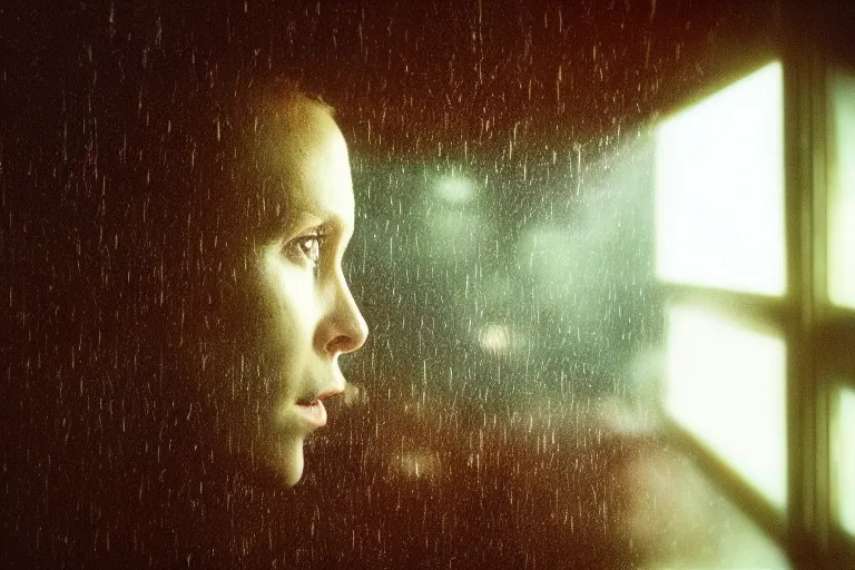 Image similar to a cinematic painting of an alien inside of spaceship looking out of a small rainy window, beautiful lighting, high depth, ultra realistic, artistic, by annie leibovitz and zack snyder