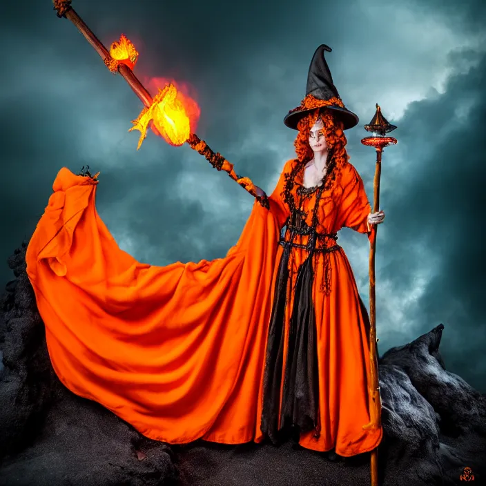 Image similar to professional photograph of a real-life beautiful elemental volcano witch with ornate orange robes and staff. Extremely detailed. 8k