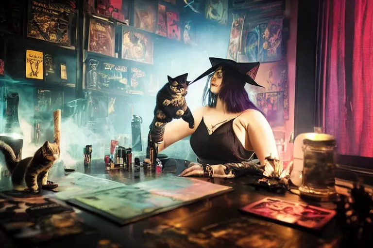 Prompt: close up photo, dramatic lighting, concentration, calm confident cyberpunk teen witch and her cat, tarot cards displayed on the table in front of her, sage smoke, magic wand, a witch hat and cape, apothecary shelves in the background, by yoji shinkawa neon