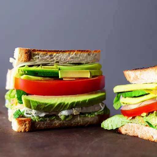 Prompt: sandwich with tofu, tomato, onion, avocado and cheddar, studio photo, amazing light