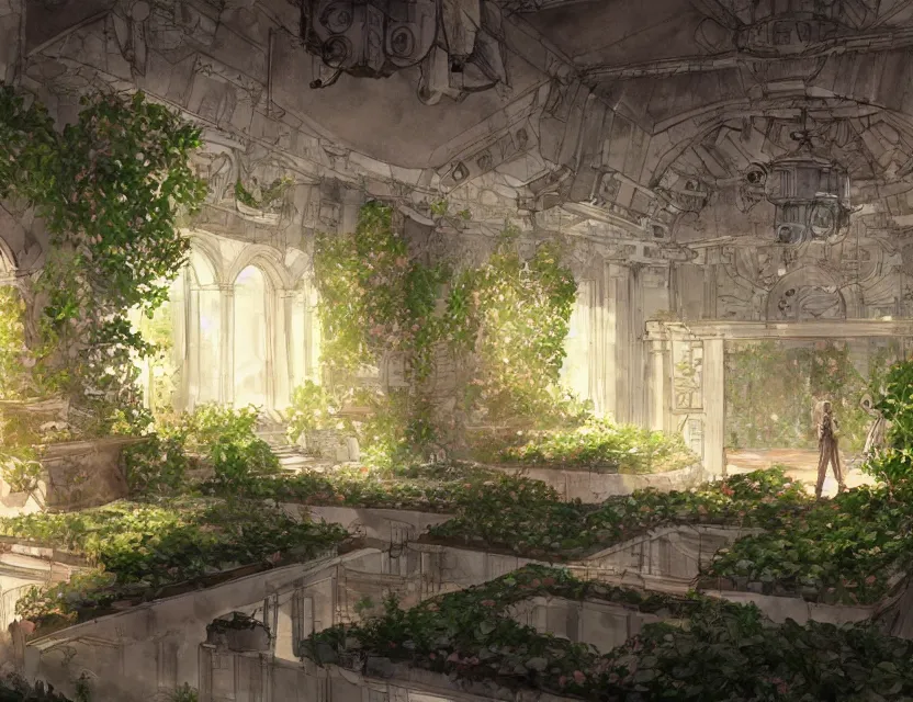 Prompt: french formal garden in a space fortress. this watercolor painting by the award - winning concept artist has cinematic lighting, an interesting color scheme and intricate details.