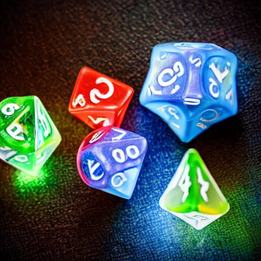 Image similar to dungeon and dragons dice with glowing runes, realistic photography, high detailed