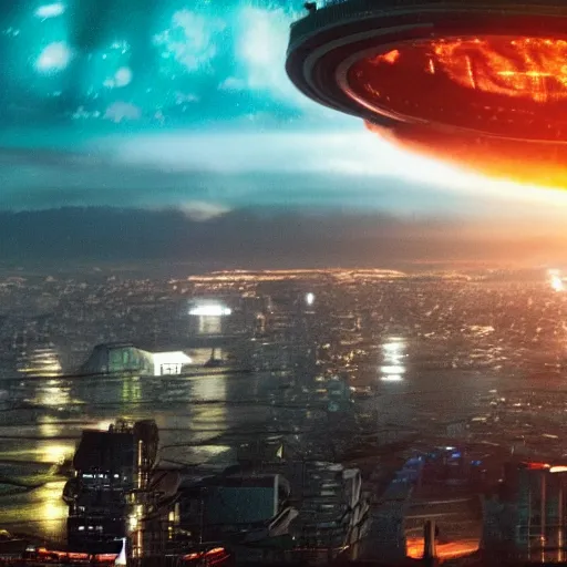 Image similar to An enormous ominous alien spaceship dramatically entering Earth\'s atmosphere above the city of Ljubljana, movie still from the movie Independence Day 3 (2022), Oscar winning special effects and cinematography, 4k