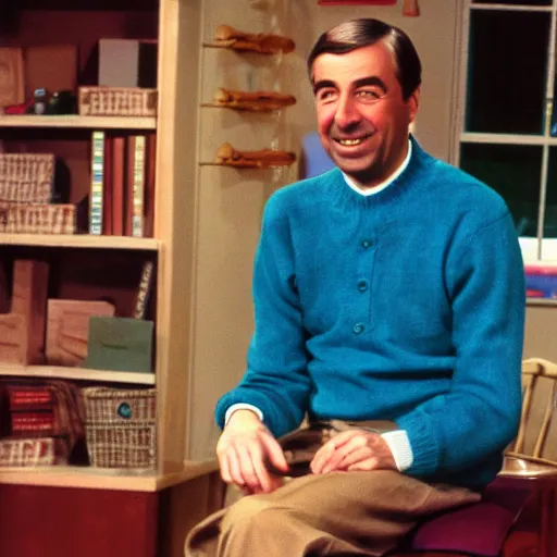 Image similar to fred rodgers, mr. rodgers neighborhood, blue sweater, putting on his shoes,