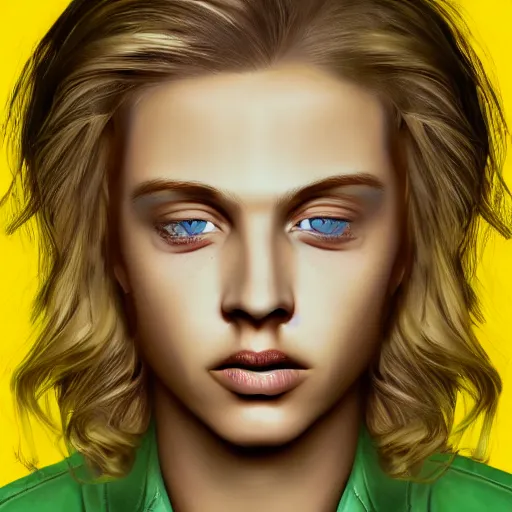 Image similar to portrait of blond girl with green eyes small lips who look like actor michael pitt illustration