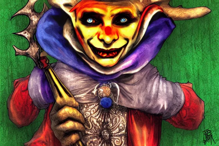 Image similar to medieval jester, colorful, sinister, digital art,