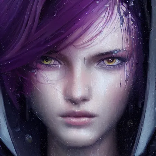 Prompt: very detailed masterpiece painting of a very beautiful wet caucasian young cyberpunk woman with dark purple hair, cyberpunk background, raining, closeup, portrait, artstation, concept art by greg rutkowski