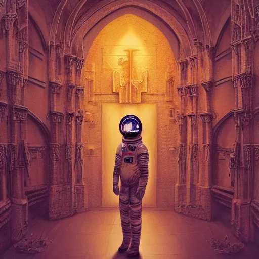 Prompt: surrealism grunge of an astronaut in a creepy cathedral . intricate artwork. Eerie ancient alien symbols carved into the walls, zdzisław Beksiński, wlop, dan mumford , trending on artstation, greg rutkowski very coherent symmetrical artwork. cinematic composition, hyper realism, high detail, octane render, 8k