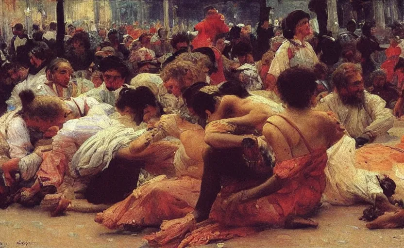 Prompt: high quality high detail painting by ilya repin, people crawling on the floor, hd