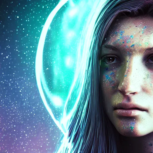 Prompt: woman portrait made out of galaxies, beautiful, cyborg, cinematic, comic book art, realistic, highly detailed, octane render, unreal engine