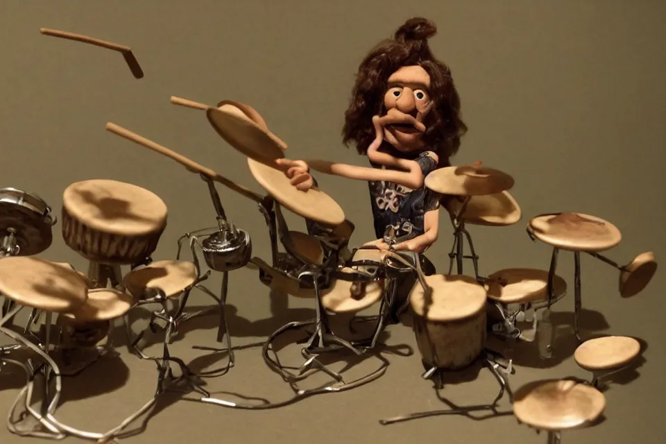 Image similar to a claymation film still of a curly long hair drummer playing the drum set. claymation by bruce bickford