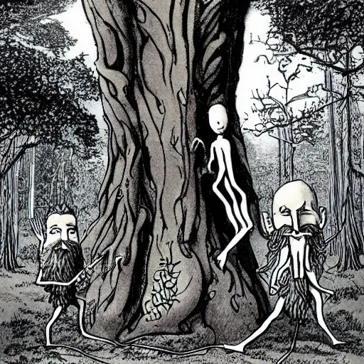 Image similar to a tall tree with arms, legs, and a beard holding two hobbits in his hand while in a forest surrounded by tall trees, illustrated by J.R.R Tolkien