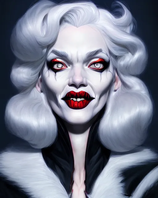 Image similar to digital art, centered portrait of smiling cruella deville, creepy, cold light, somber by james jean and by artgerm, by ross tran, ultradetailed, charachter design, concept art, trending on artstation,