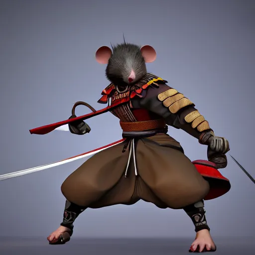 Image similar to samurai mouse with big muscles and swords, epic pose, 8 k dynamic render