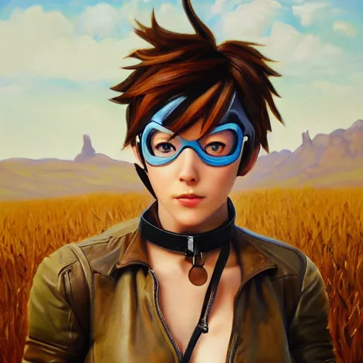 Image similar to oil painting of tracer overwatch in a field wearing large leather choker around neck, in style of mark arian, expressive face, detailed face, detailed eyes, full body, feminine face, tracer overwatch,