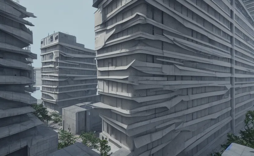 Image similar to brutalist architecture buildings, octane render, artstation trending, highly detailded