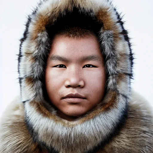 Prompt: a portrait of a beautiful young inuit male wearing an alexander mcqueen armor , photographed by andrew thomas huang, artistic