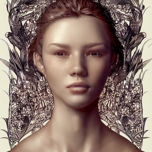 Image similar to the portrait of an incredibly beautiful woman made of onions and lilies, an ultrafine detailed illustration by james jean, final fantasy, intricate linework, bright colors, behance contest winner, vanitas, angular, altermodern, unreal engine 5 highly rendered, global illumination, radiant light, detailed and intricate environment