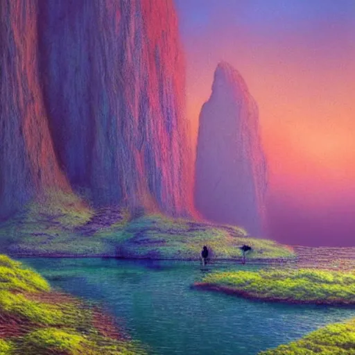 Image similar to artistic digital artwork of a lush natural scene on an alien planet. beautiful landscape by lurid ( 2 0 2 2 ), michael whelan and remedios varo. weird vegetation. cliffs and water. grainy and rough. interesting pastel colour palette. beautiful light. oil and water colour based on high quality render.