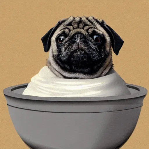 Prompt: a pug sitting in a bowl of yogurt, covered in yogurt, trending on artstation, high resolution photo,