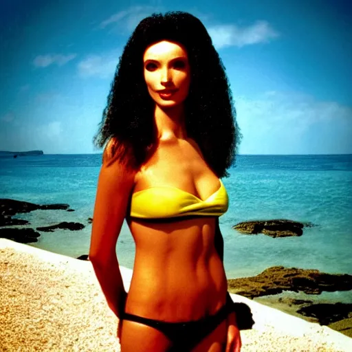 Prompt: a sttng star trek klingon woman on holiday at risa, swimsuit, supermodel, model, star trek, photography, instagram, holiday, beach, the next generation, sttng, high quality, sharp, cait miers, michael hoppen, qapla