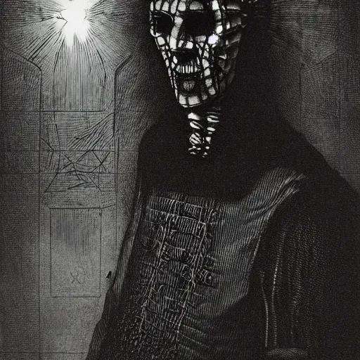 Prompt: hellraiser, creepy atmosphere, dark, portrait, realistic, very realistic, illustration by Gustave Doré