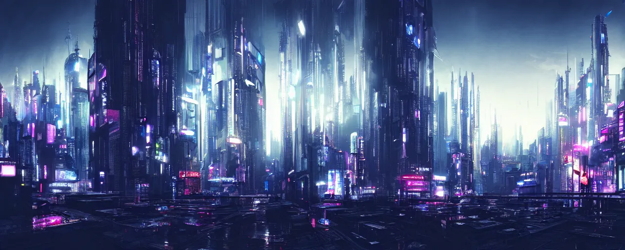 Image similar to A cyberpunk cityscape, by Tokujin Yoshioka, landscape, dramatic lighting, high contrast colors, panoramic view, as trending on Artstation, highly detailed,