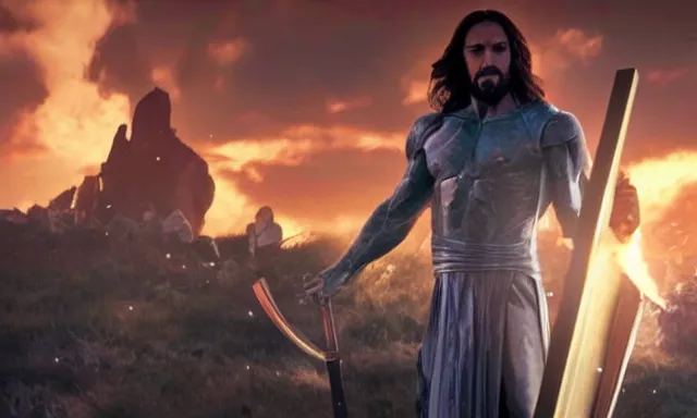 Prompt: jesus christ defeating thanos, using his cross as weapon, photorealistic, cinematic lighting, extremely detailed, marvel cinematic universe