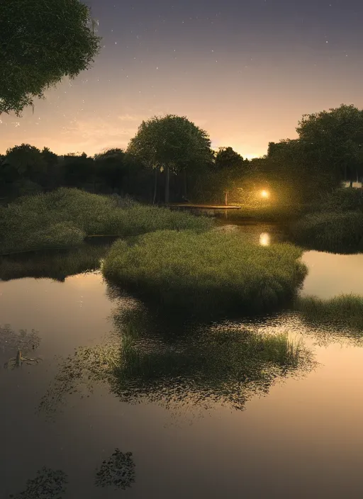 Image similar to photography at night of an ethereal pond with a central sunlight glare, mystical, cyber lights, masterpiece, epic, cinematic, hyperealistic, high detailed, corona render, hdr, ray tracing