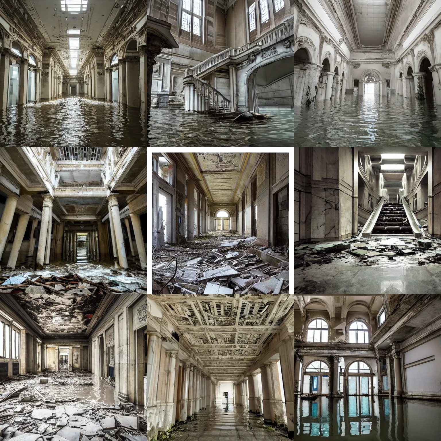 Prompt: photo of flooded infinite classic halls with many huge marble staircases minotaur classic statues sculptures decrepit derelict abandoned piranessi