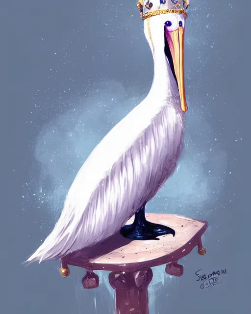 Prompt: concept art of a pelican wearing a crown, sitting on a throne in a castle | | cute - fine - fine details by stanley artgerm lau, wlop, rossdraws, and sakimichan, trending on artstation, brush strokes