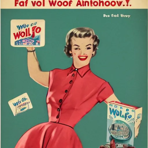 Prompt: 1950s advertisement featuring an anthropomorphic wolf