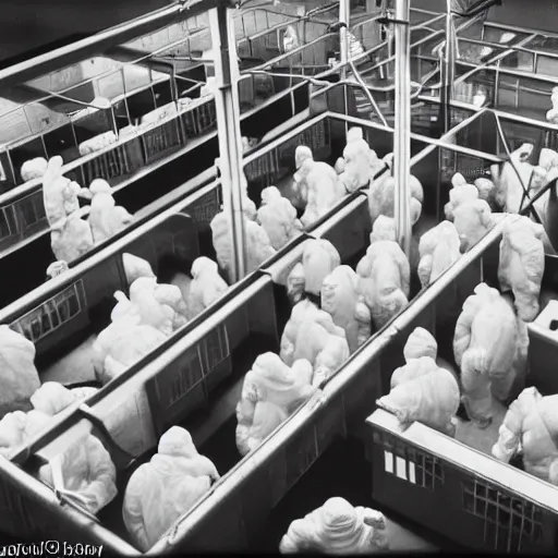 Prompt: MC Escher style underground lab, sterile, human farm, staff wearing hazmat suits, unknown location, photo taken from above, light and shadows