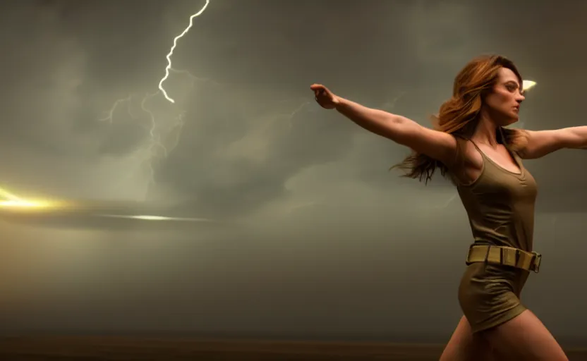 Prompt: a hyperdetailed photorealistic beautiful woman dancing in a thunderstorm, global illumination, volumetric lighting, cinematic framing, cinematic lighting, cinematic shadows, in the style of top gun maverick