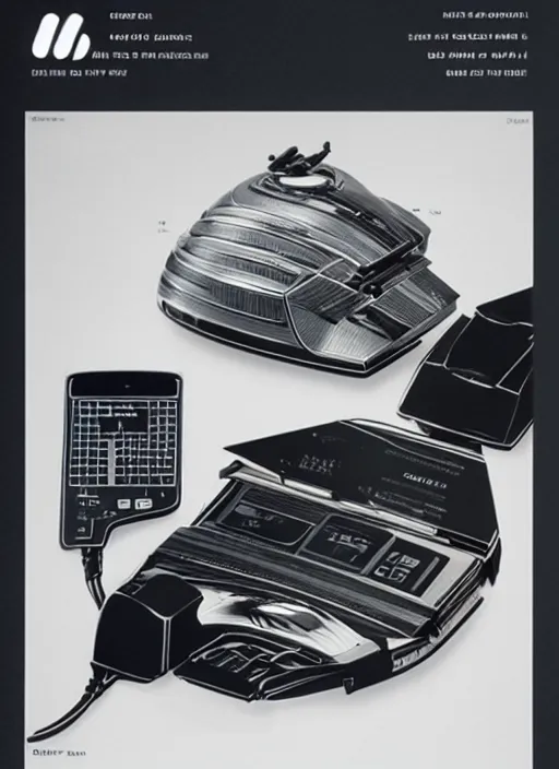 Image similar to electronics catalogue pages, hyper-detailed futuristic gadgets designed by Syd Mead, Jony Ive and Dieter Rams