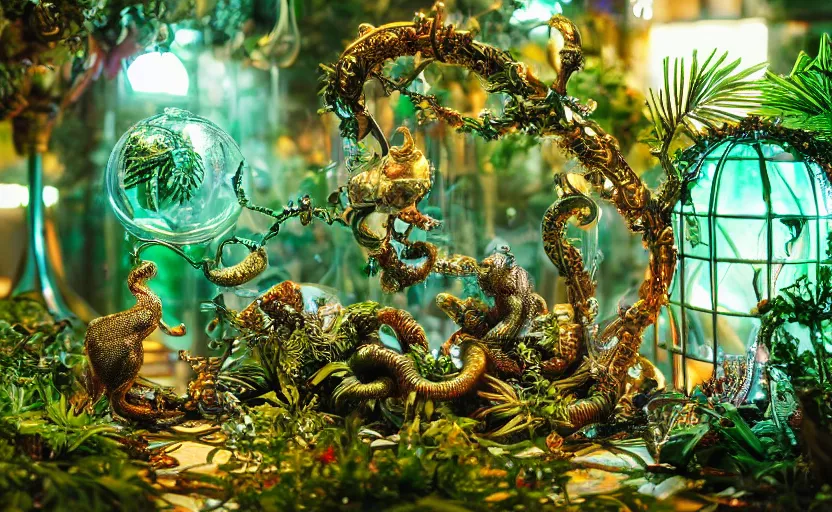 Prompt: highly detailed ornate filigreed convoluted ornamented elaborate biopunk small rat, full body, chrome, glass domes, glass panes, glowing lights, fronds, branches, dramatic lighting, product photography, character design, simple lush green jungle environment